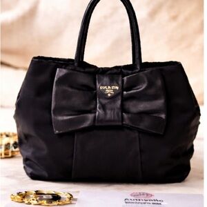 Prada Black Tote with Leather Bow comes with COA